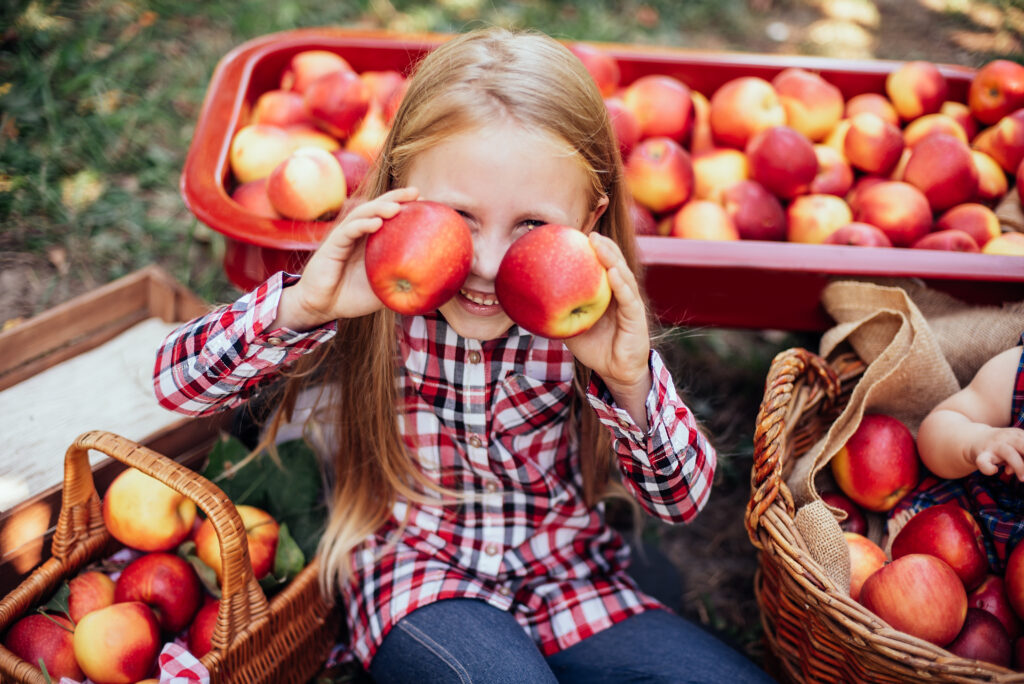 Petite fille blonde et joyeuse assise au milieu de caisses de pommes rouges et jaunes.